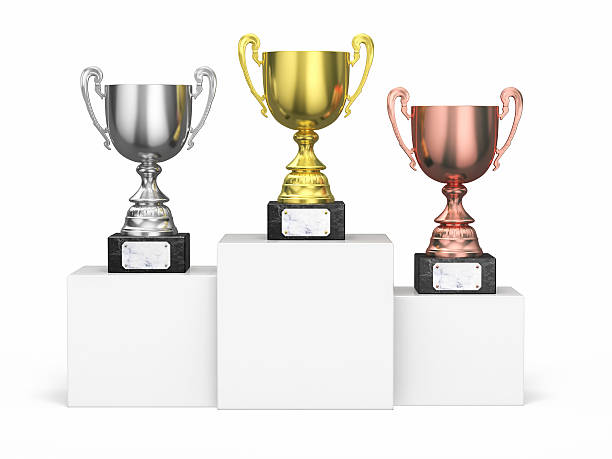 Championship Trophies 3d render Championship Trophies close-up (clipping path and isolated) Third Place stock pictures, royalty-free photos & images