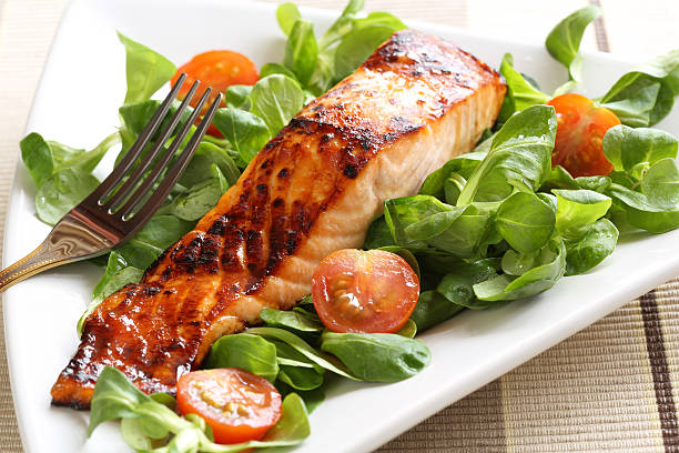 Grilled salmon with a honey glaze stock photo