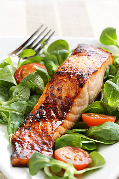 Grilled salmon with a honey glaze stock photo