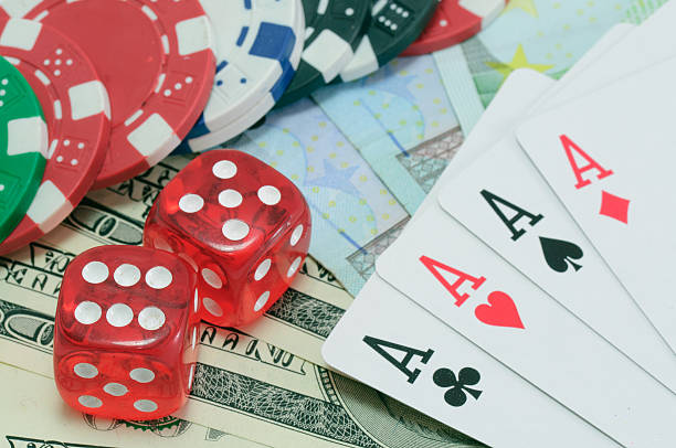 istock Poker, royal flush, dice and gambling chips 485677295