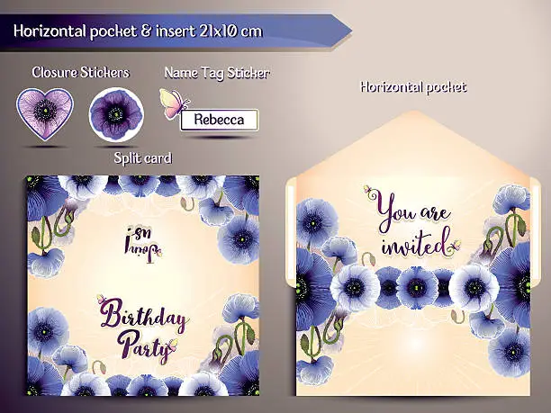 Vector illustration of Birthday Party Invitation set Anemones Flowers. Horizontal pocket and insert