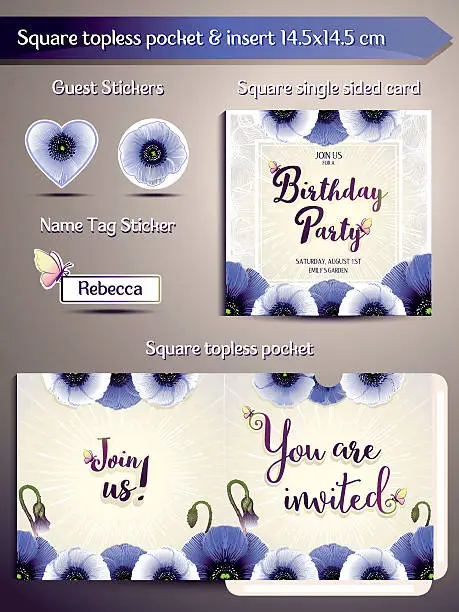 Vector illustration of Birthday Party Invitation set Anemones Flowers. Square pocket and insert