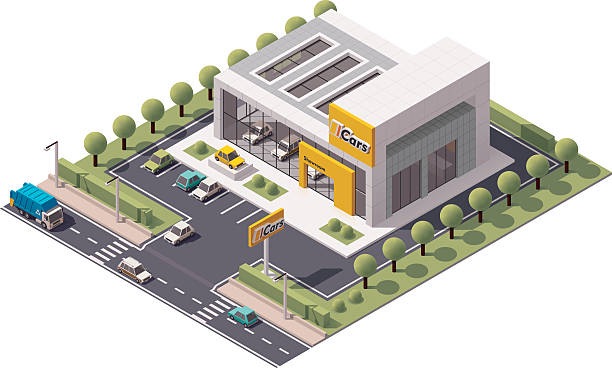 Vector Car Showroom Vector isometric Car Store building icon car sales stock illustrations