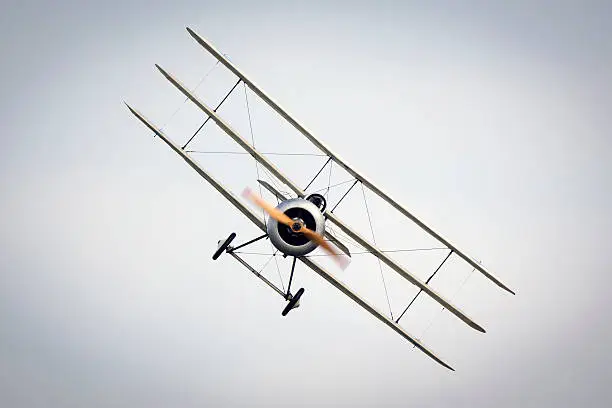 World War One Fokker Triplane viewed from the front in flight.
