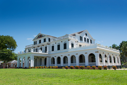 The Presidential Palace of Suriname, that used to be the Gouvernements gebouw (governor's palace). The white colonial building is located at the Independence Square of Paramaribo.