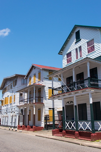 Typical houses in the old historic city center of Paramaribo, Suriname