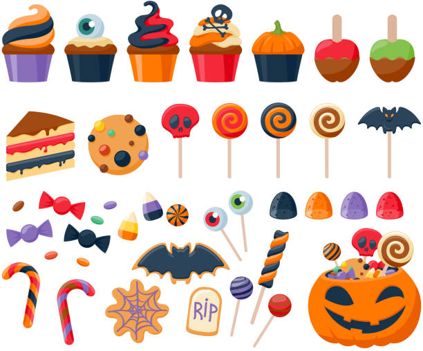Halloween party colorful sweets icons set vector illustration Halloween party colorful sweets icons set vector illustration. Cupcakes lollipops jelly beans cookies cake candies caramel apple corn, good for holiday design. eye candy stock illustrations