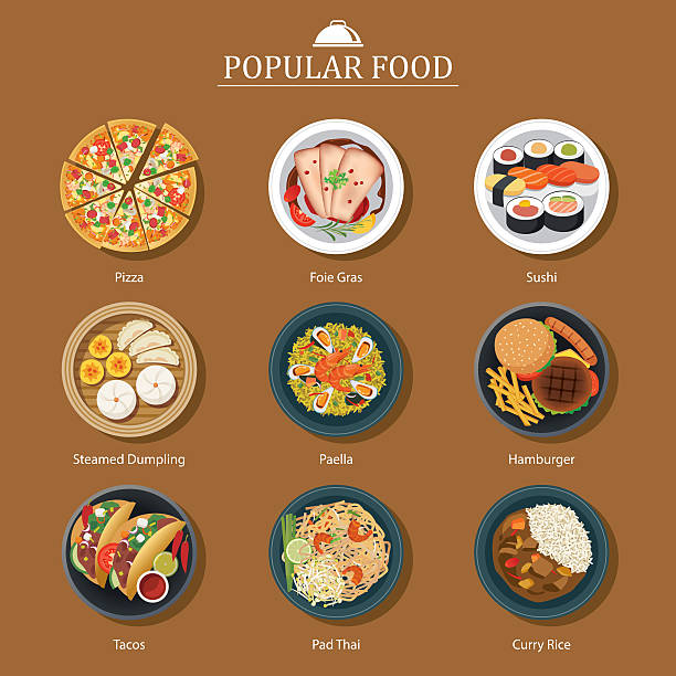 ilustrações de stock, clip art, desenhos animados e ícones de conjunto de alimentos populares - thailand thai culture thai cuisine pad thai