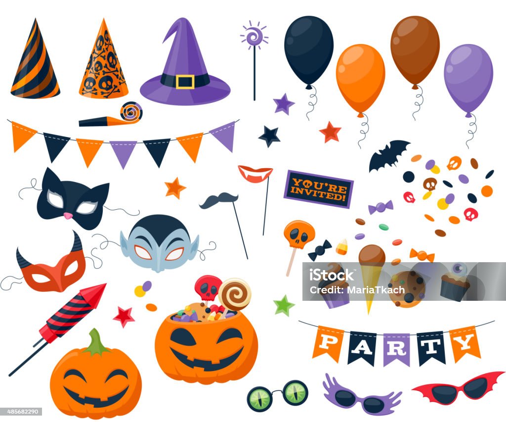 Halloween party colorful icons set vector illustration Halloween party colorful icons set vector illustration. Magic hat sweets masks balloon pumpkin rocket flag glasses, good for holiday design. Halloween stock vector