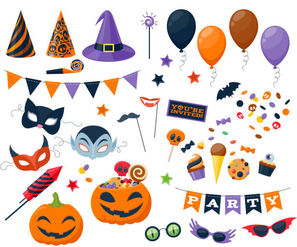Halloween party colorful icons set vector illustration Halloween party colorful icons set vector illustration. Magic hat sweets masks balloon pumpkin rocket flag glasses, good for holiday design. mask disguise illustrations stock illustrations