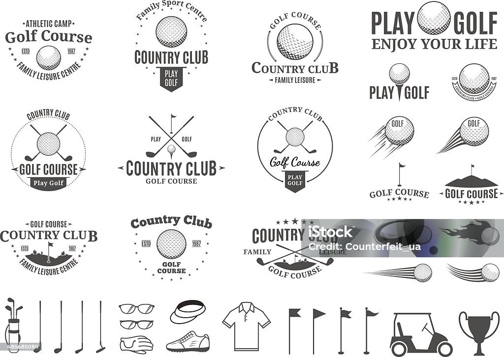 Golf country club labels, icons and design elements Set of golf country club label templates. Golf labels with sample text. Golf icons for golf tournaments, organizations and golf country clubs. Vector label design. Golf stock vector