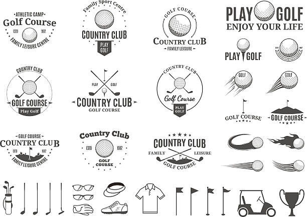 Golf country club labels, icons and design elements Set of golf country club label templates. Golf labels with sample text. Golf icons for golf tournaments, organizations and golf country clubs. Vector label design. golf silhouettes stock illustrations
