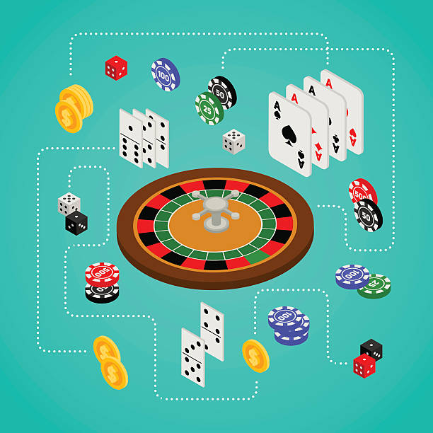 изометрические набор элементов и казино азартные игры - roulette roulette wheel wheel isolated stock illustrations