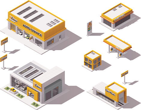 Set of the isometric road transport related buildings