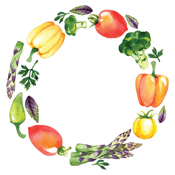 Vegetables wreath Watercolor vector wreath with asparagus, broccoli, tomatoes, peppers, basil, parsley and chili pepper broccoli crowns stock illustrations
