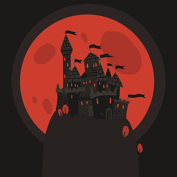 istock Cartoon dark Halloween Castle on a Hill flat icon. 485695766