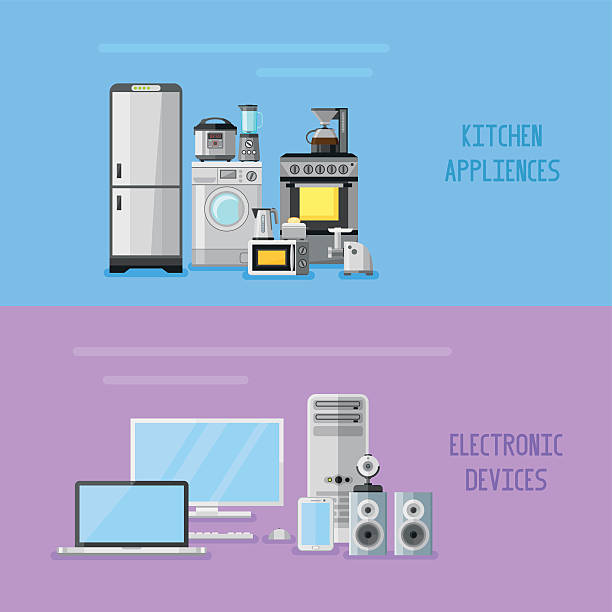 Kitchen appliances and electronic devices horizontal banners Kitchen appliances and electronic devices horizontal banners. Flat style vector illustration. michael owen stock illustrations