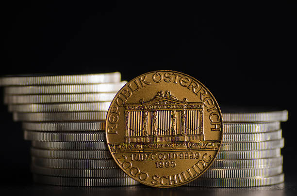 istock Austrian Philharmonic Gold Coin infront Silver Coins 485699338