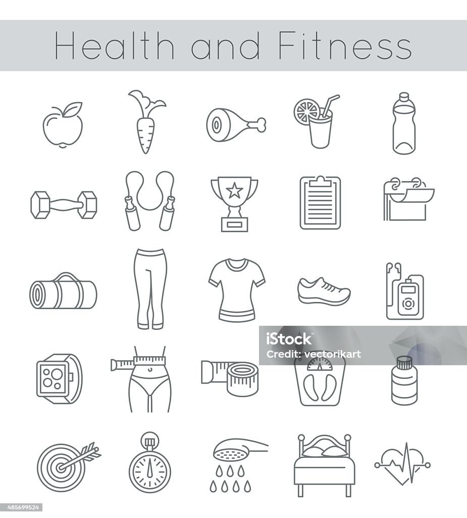 Flat Thin Line Fitness and Wellness Icons Modern flat linear vector icons of healthy lifestyle, fitness and physical activity. Diet, exercising in a gym, training equipment and clothing. Thin line wellness icons for website, apps, advertising or infographic 2015 stock vector