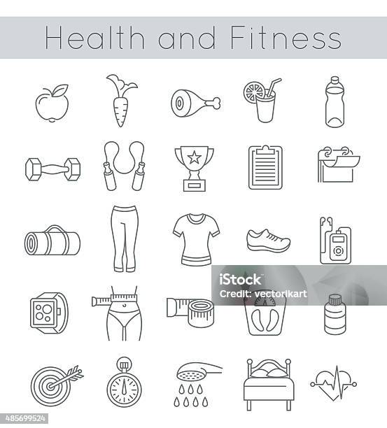 Flat Thin Line Fitness And Wellness Icons Stock Illustration - Download Image Now - 2015, Activity, Adult