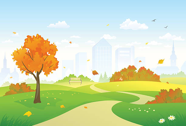 ilustraciones, imágenes clip art, dibujos animados e iconos de stock de autumn park alley - autumn landscape hill tree