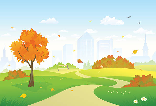 Autumn park alley Vector illustration of a beautiful autumn city park alley. RGB colors. landscape scenery clipart stock illustrations