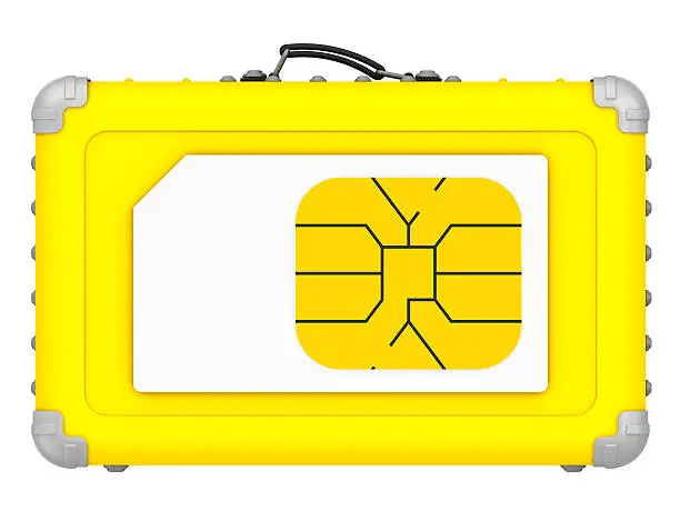 Yellow suitcase and SIM card on the side. Concept