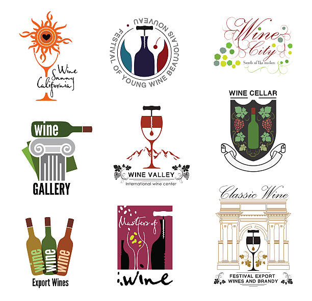 ilustrações de stock, clip art, desenhos animados e ícones de conjunto de vinho, vinho, vinho exposição festivais, restaurantes e lojas de vinho logótipos - silhouette wine retro revival wine bottle