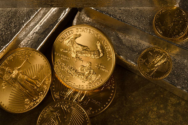 istock Richly textured American Gold Eagles with Silver Bars 485703484