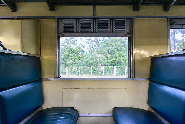 Vintage blue seat in train stock photo