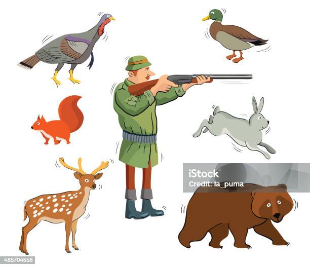 Hunter And Wild Animals Stock Illustration - Download Image Now - 2015, Accuracy, Activity