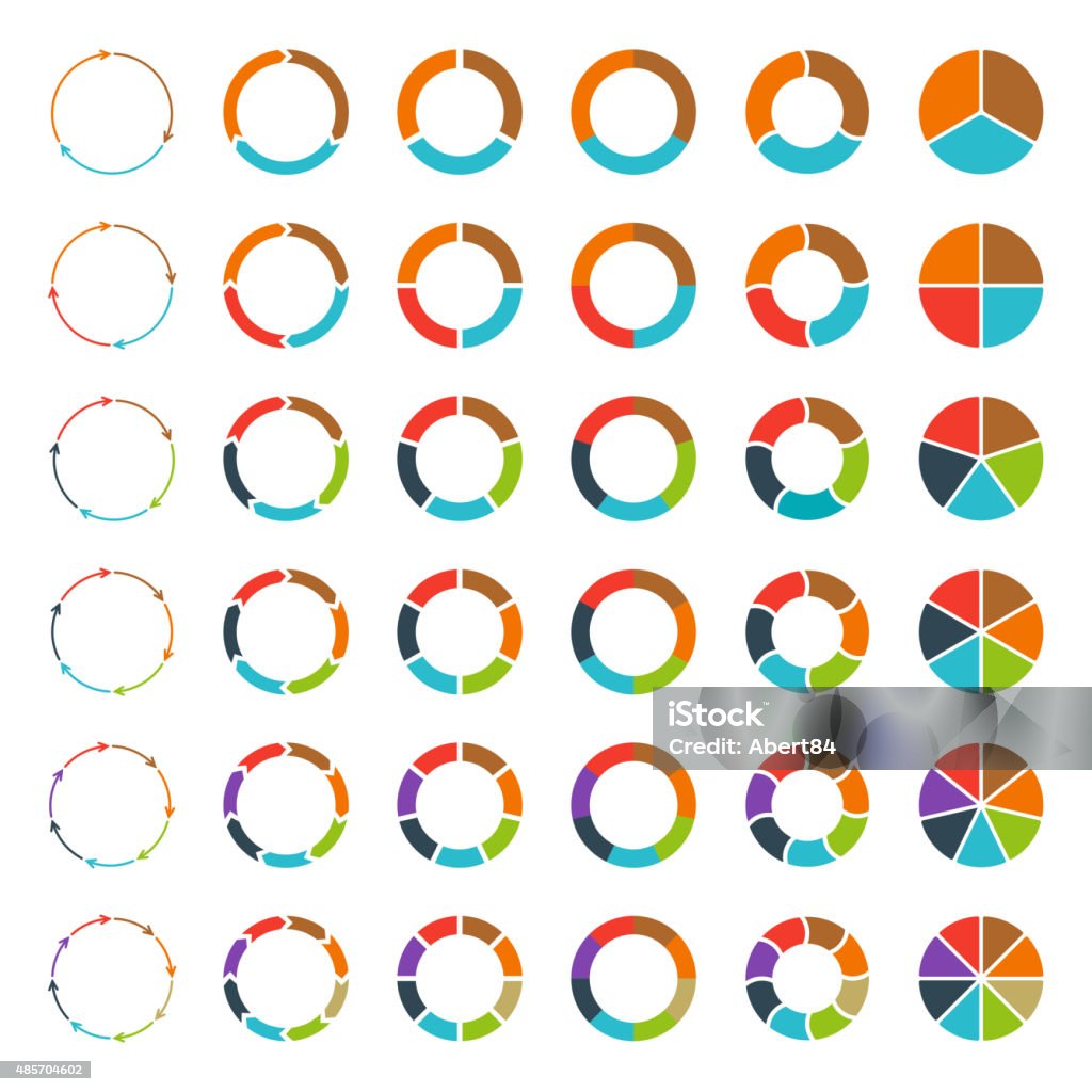 Segmented pie charts and arrows set. Segmented and multicolored pie charts and arrows set with 3, 4, 5, 6, 7 and 8 divisions. Template for diagram, graph, presentation and chart. Circle stock vector