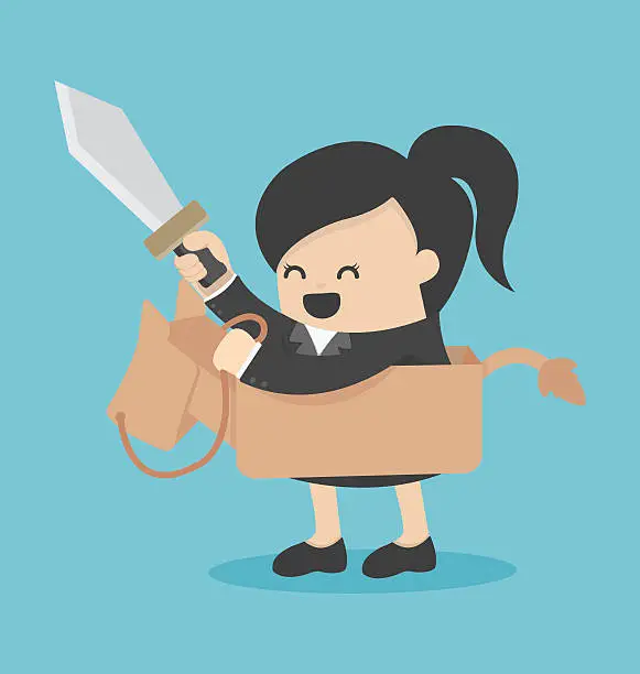 Vector illustration of Business woman riding the toy horse have sword