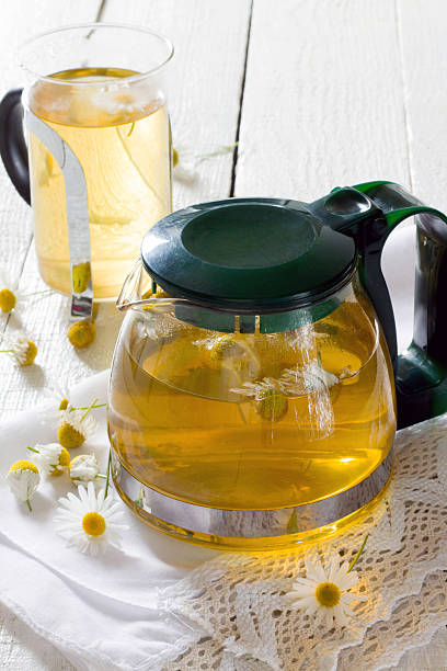 istock Teapot and cup of herbal tea with chamomile flowers 485711088