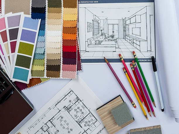 istock Architects/ interior designer desk with laptop, shop drawing, material sample 485711786