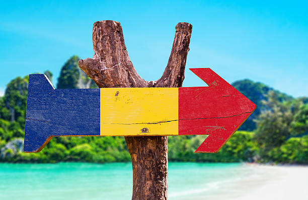 istock Romania Flag wooden sign with beach background 485712148