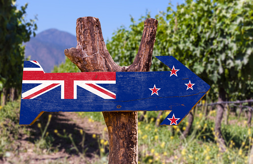 Bandera neozelandesa cartel de madera con fondo de Viñedo photo