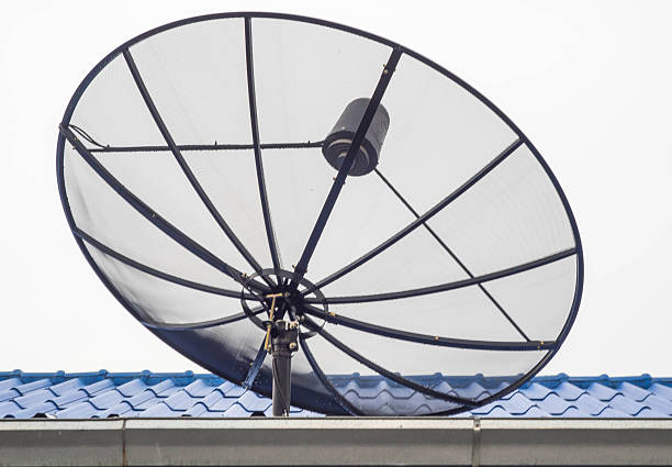 istock Black satellite dish on the blue roof. 485715908