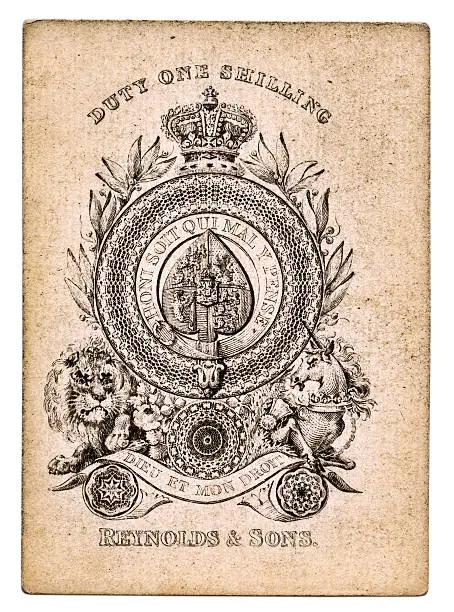 This is an Ace of Spades playing card manufactured by Reynolds & Son of London in about 1850. The image is enhanced to bring out the design and the lettering, The design incorporates emblems relating to the British monarchy, such as the mottoes 'Dieu et mon droit' and 'Honi soit qui mal y pense'. Also featured are British royal emblems such as the crown, the lion and the unicorn. In 1863, Reynolds & Son issued a special commemorative pack on the wedding of the Prince of Wales. The cards have square corners, and the court / picture cards are 'single standing' – they stand one way up, and are not reflected. There are no indices – no K, Q or J on the court cards, and no numbers on the lower values. The Ace of Spades is printed with 'Duty One Shilling' printed across the top. Playing card duty: In 1694 the (British) Government Stamp Office was created to impose 'duties on vellum, parchment and paper...toward carrying on the war against France'. In 1711 a duty of sixpence per pack was levied on playing cards in Britain, even if imported. The duty, made perpetual in 1717, was abolished on 4 August 1960. The initial duty was increased by sixpence in 1756, and again in 1776, 1789, and 1801, to a total of 2s 6d. In 1828 it was reduced to one shilling, and in 1862 to three pence. (Information from The Encyclopedia of Ephemera).
