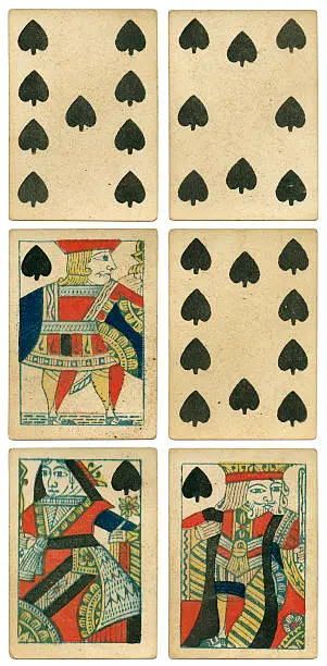 Here are six playing cards in cluding the three court cards in spades from a pack manufactured by Reynolds & Son of London in about 1850. Note the rather crude spades symbols. The cards have square corners, and the court / picture cards are 'single standing' – they stand one way up, and are not reflected. There are no indices – no K, Q or J on the King, Queen and Jack, and no numbers on the lower values. The Ace of Spades is printed with 'Duty One Shilling' printed across the top. Playing card duty: In 1694 the (British) Government Stamp Office was created to impose 'duties on vellum, parchment and paper...toward carrying on the war against France'. In 1711 a duty of sixpence per pack was levied on playing cards in Britain, even if imported. The duty, made perpetual in 1717, was abolished on 4 August 1960. The initial duty was increased by sixpence in 1756, and again in 1776, 1789, and 1801, to a total of 2s 6d. In 1828 it was reduced to one shilling, and in 1862 to three pence. (Information from The Encyclopedia of Ephemera).