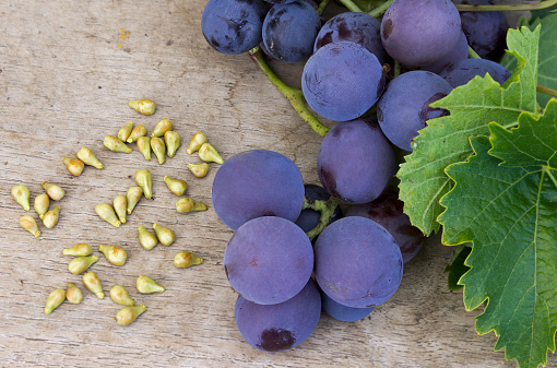 Grapes and grape seed on a wooden table