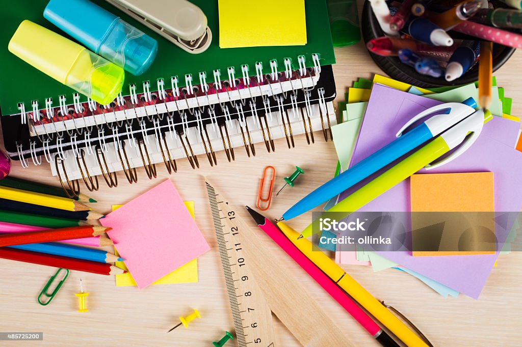School and office accessories on wooden background School Supplies Stock Photo