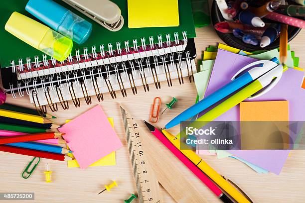 School And Office Accessories On Wooden Background Stock Photo - Download Image Now - School Supplies, Office Supply, Education
