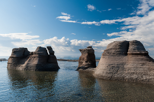 Monoliths under a beautiful blue sky  in  Mingan Archipelago National Park Reserve of Canada,Quebec, Canada