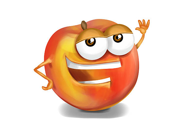 Happy yellow nectarine cartoon character laughing with joyfully raised arms, cute and funny nectarine character with a big smile, presented on a white background. The cartoon acts as if it was a superhero posing for a picture. 