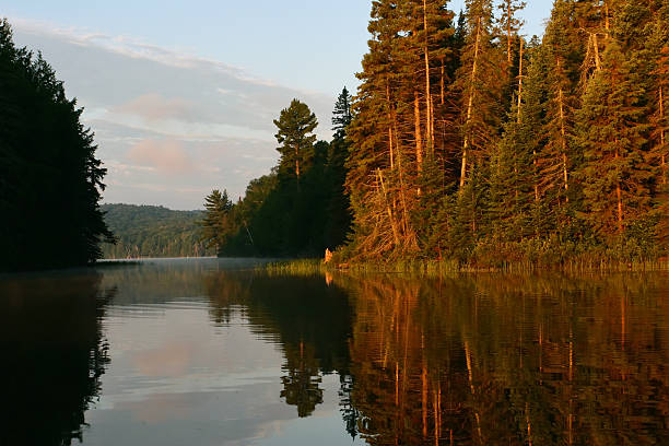 istock Orange sunlight on glassy calm lake 485734233
