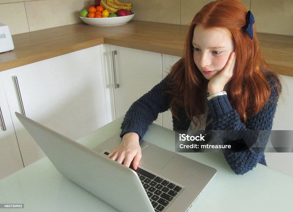 Girl Sat in front of Laptop Girl in school uniform sat in front of a Laptop doing homework Cheerful Stock Photo