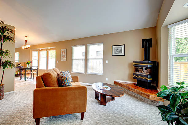 istock Living room with freestanding stove in corner 485736183