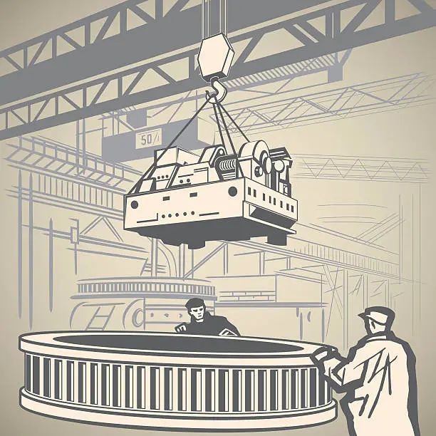 Vector illustration of Workers and crane