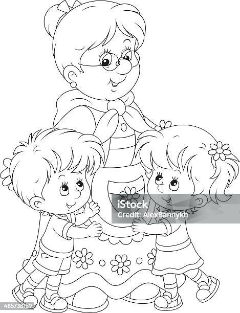 Granny And Her Grandchildren Stock Illustration - Download Image Now - Black And White, Care, Child